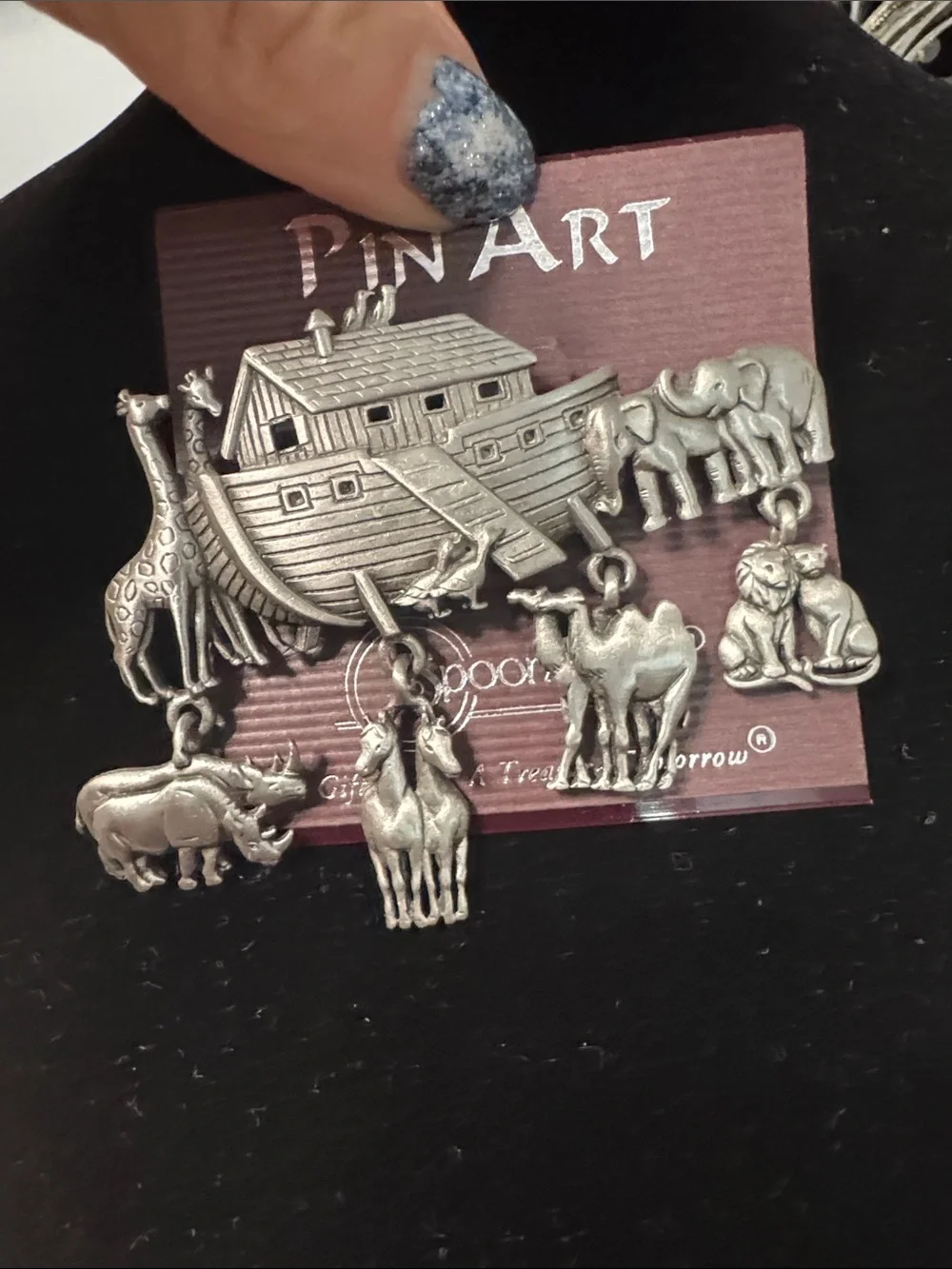 PinArt Silver-Tone Noah's Ark Animal Charm Brooch signed JJ